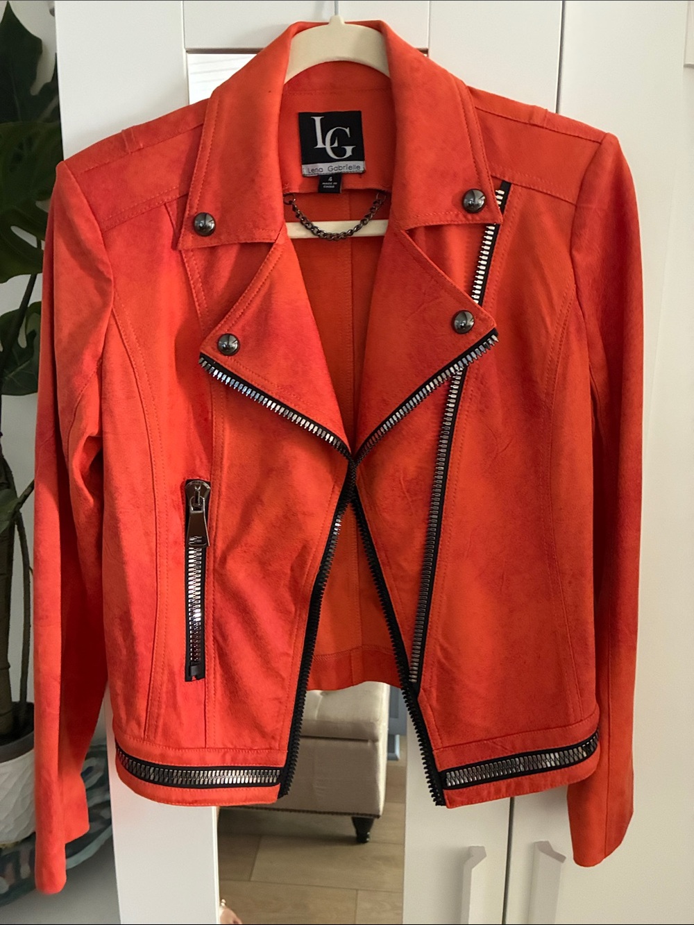 LG Women's Bright Orange Moto Jacket with Silver Zippers